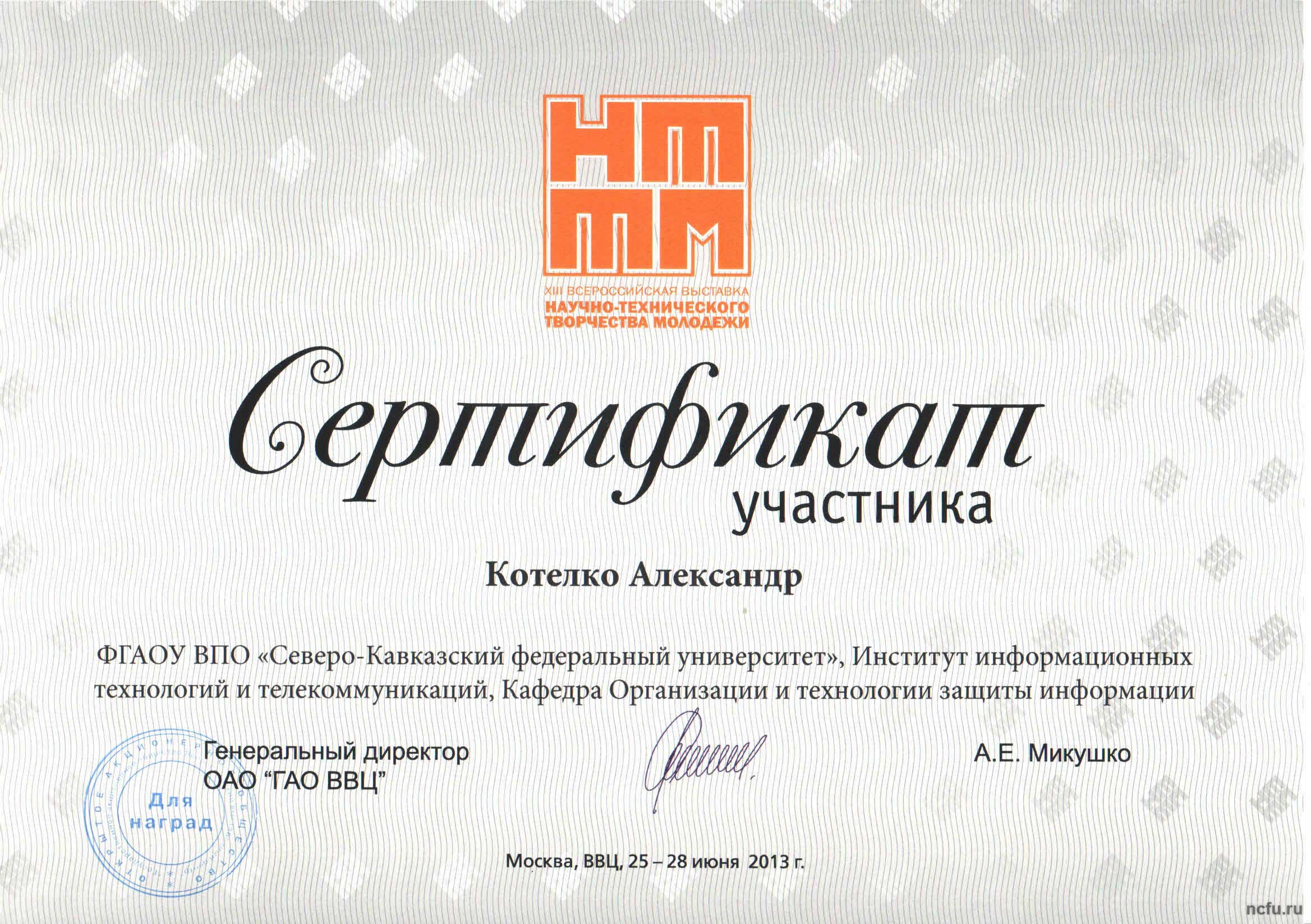 Итоги XIII Всероссийской выставки научно-технического творчества молодежи \"НТТМ-2013\"