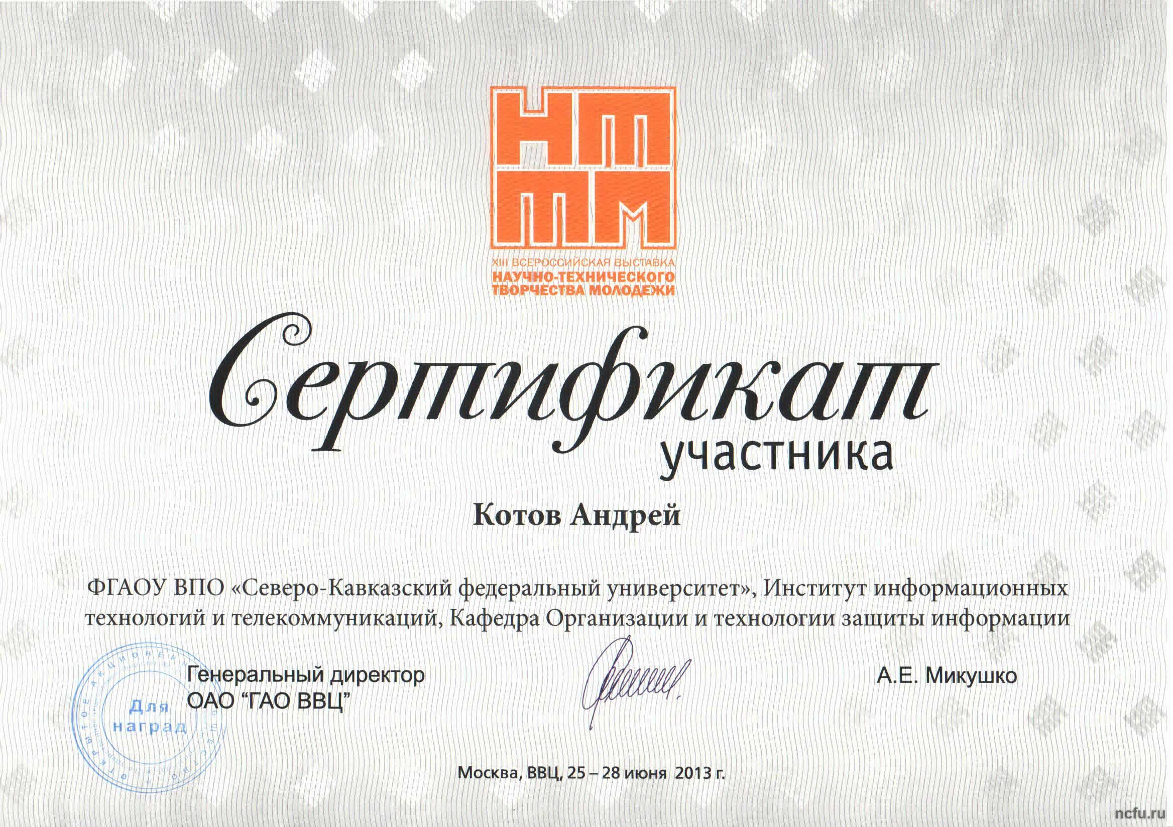 Итоги XIII Всероссийской выставки научно-технического творчества молодежи \"НТТМ-2013\"